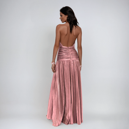 Emma | Vestido largo satinado con escote halter y abertura lateral