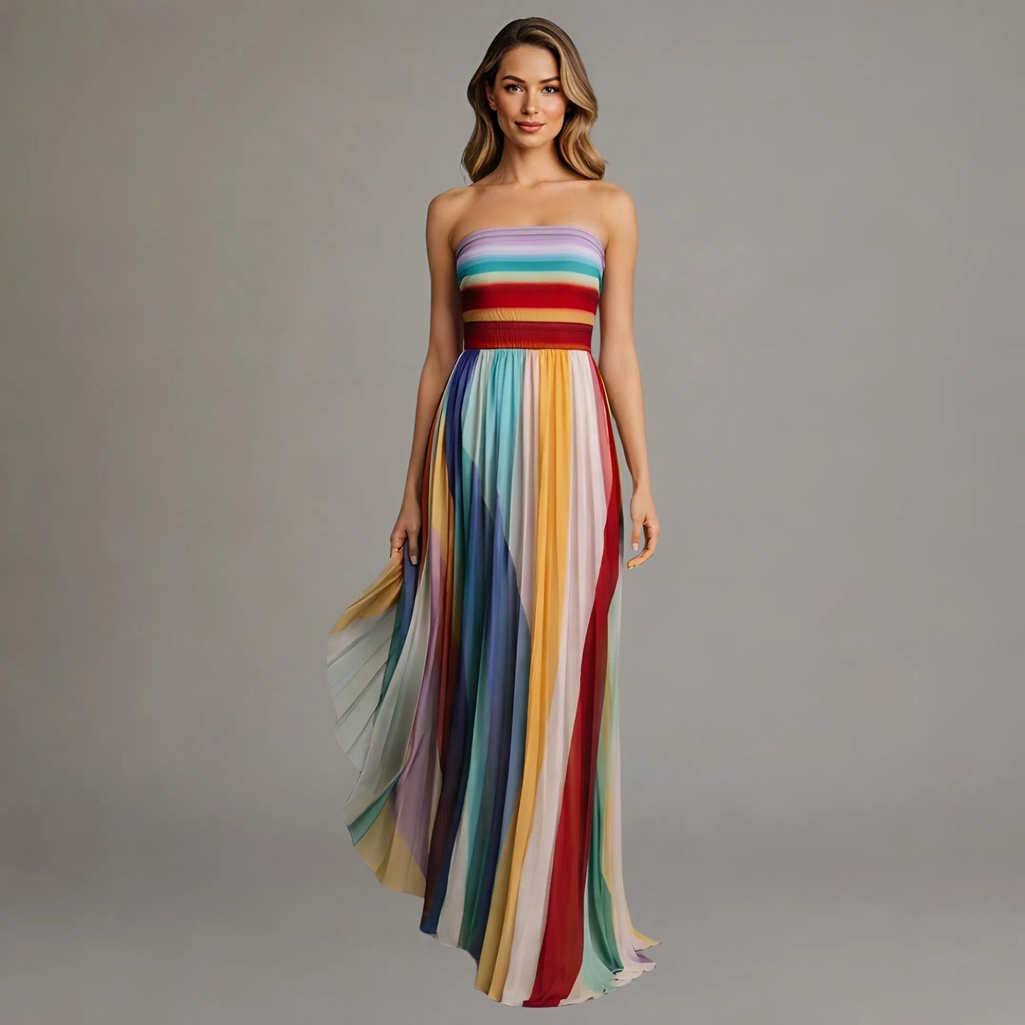 Giulia | Vestido largo sin tirantes con estampado de rayas multicolor