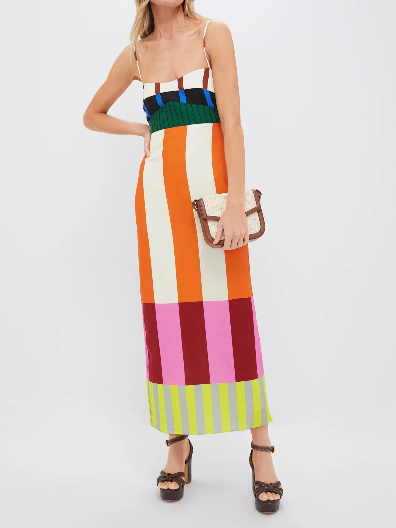Paloma | Vestido midi de rayas multicolor con tirantes finos